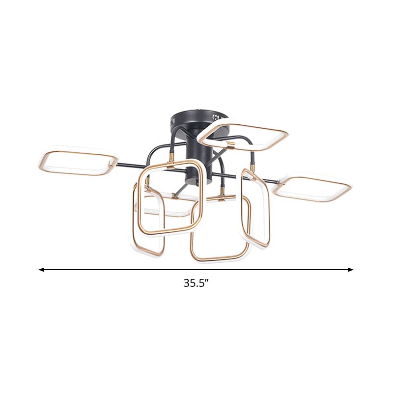 Gold-Black Square Semi-Flush Mount Modern 8 Bulbs Acrylic Ceiling Light Fixture in Warm/White Light