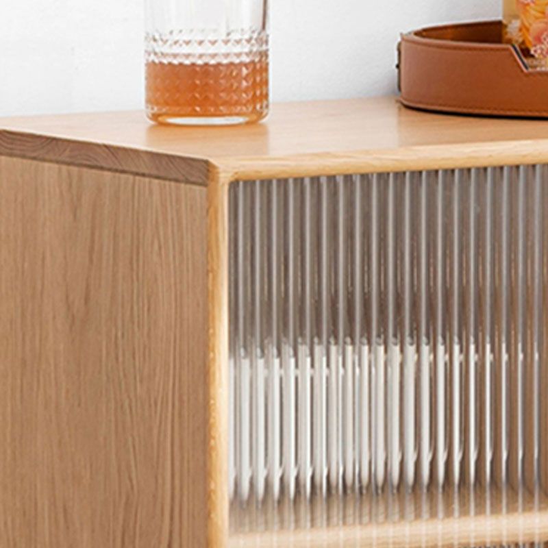 Natural Solid Wood Grooves Glass Paned Living Room Accent Cabinet with Shelves