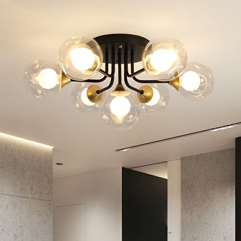 Clear and Frosted White Glass Ball Flushmount Modern Black Semi-Flush Mount Ceiling Light for Corridor
