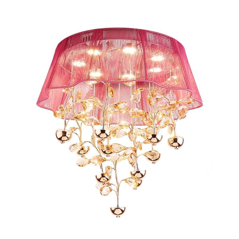 Silver/Pink Scalloped Ceiling Flush Modernist Fabric Bedroom LED Flush Mounted Lamp with Crystal Tree Design
