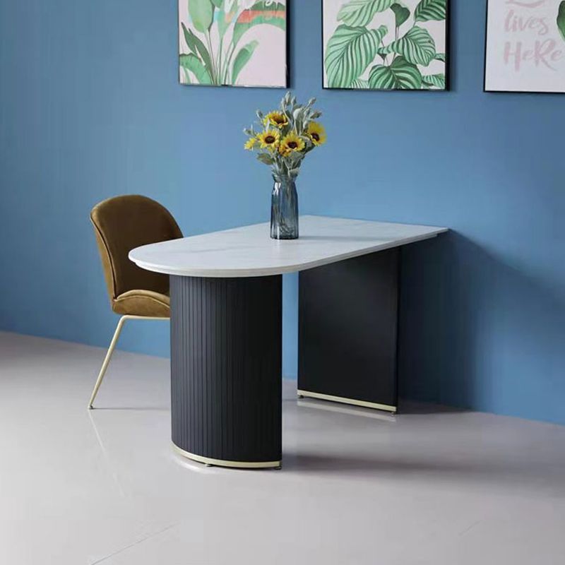 Freeform Double Pedestal Dining Table Luxury  Fixed Table of Faux Marble