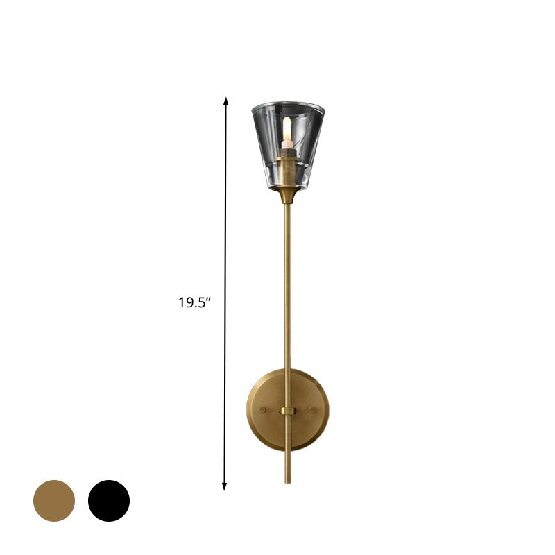 Conical Bathroom Wall Lamp Retro Clear Glass 1/2 Lights Black/Brass LED Wall Mount Lighting