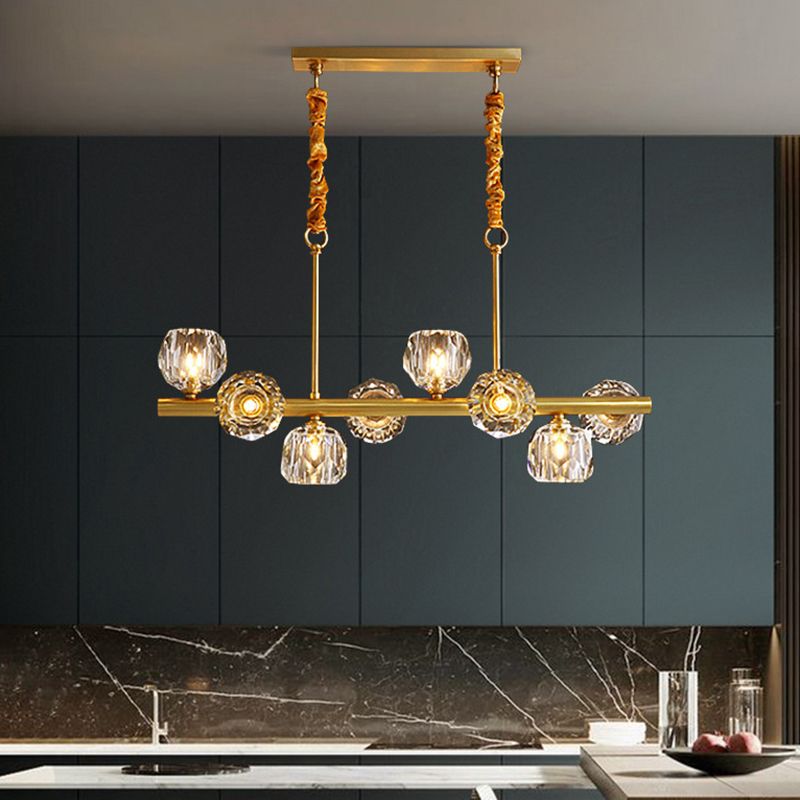 Modern Kitchen Island Light Brass & Crystal Pendant Ceiling in Gold & Clear