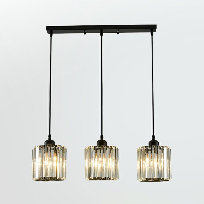 Shaded Multi-Light Pendant Modern Crystal Block 3-Head Dining Room Ceiling Light in Black