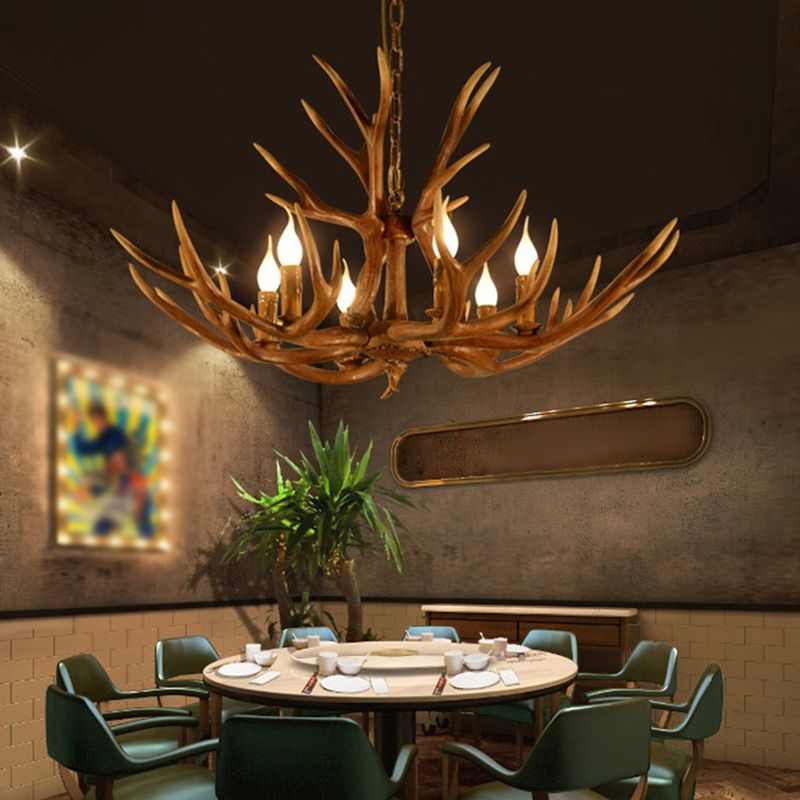 6-Light Original Wood Color Resin Deer Horn Chandelier Retro Rustic Style Candlestick Shape Hanging Pendant Lamp with Adjustable Chain