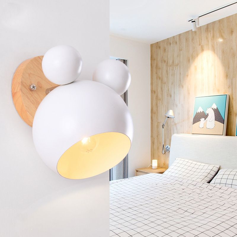 Modern Nordic Macaron Wall Lamp Wooden Globe Wall Light with Wrought Iron Shade