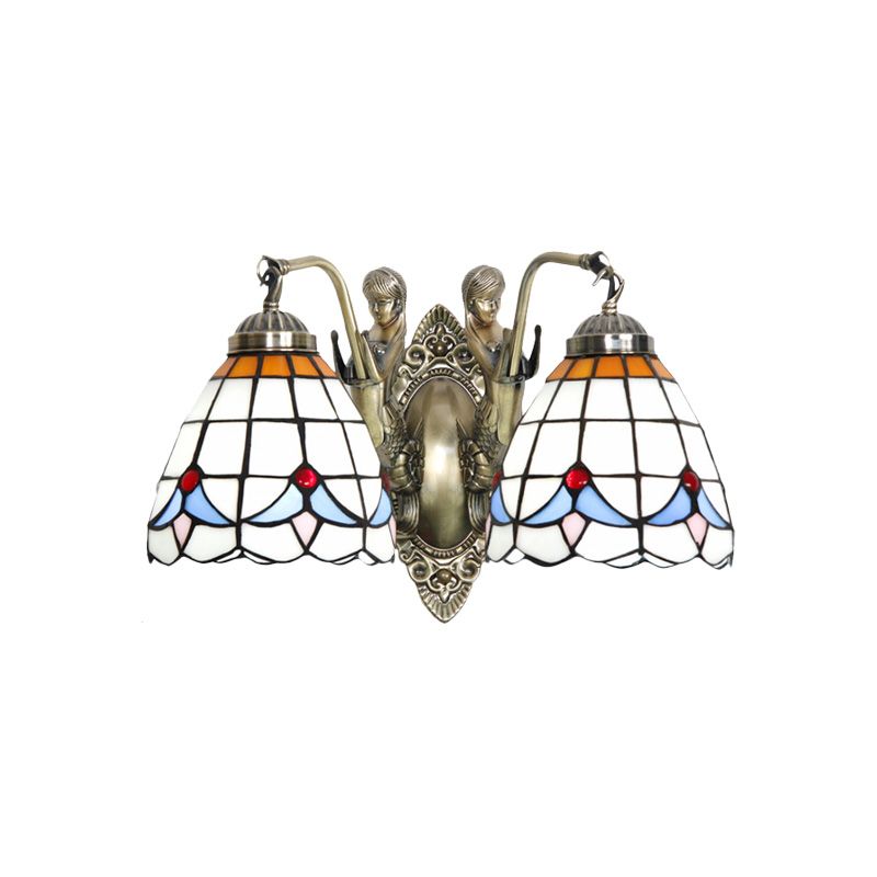 Mermaid Metal Wall Light Baroque 2-Head White/Blue Sconce with Domed Stained Art Glass Shade