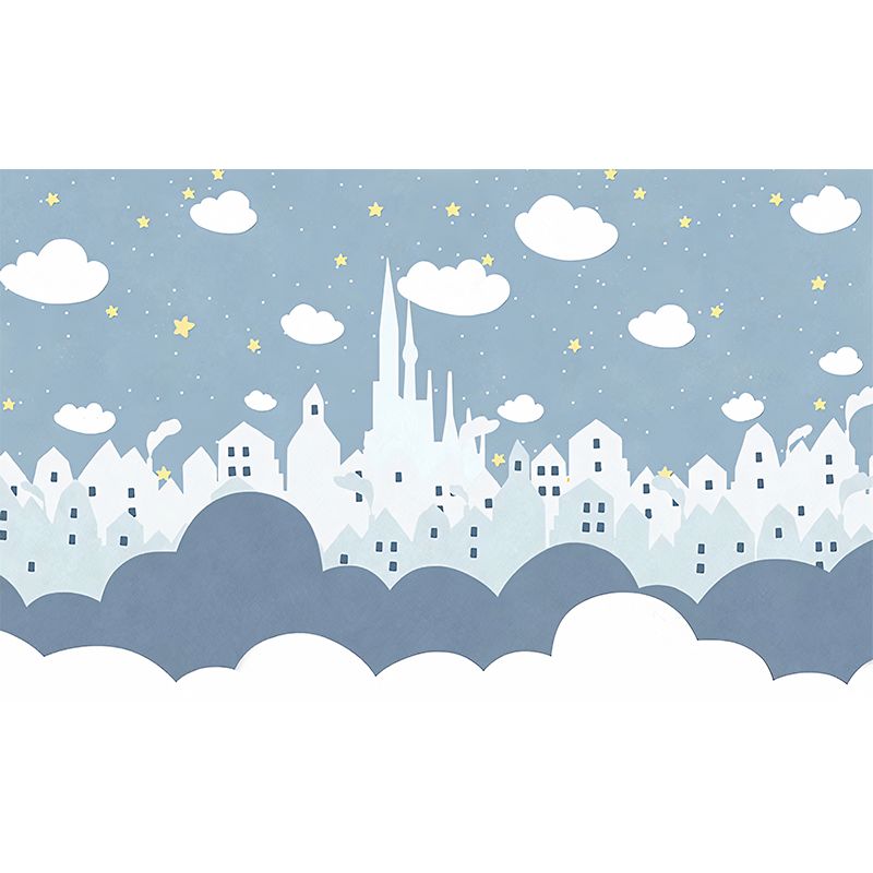 Star and Cloud Mural Wallpaper in Pastel Blue, Scandinavian Wall Decor for Boy or Girl
