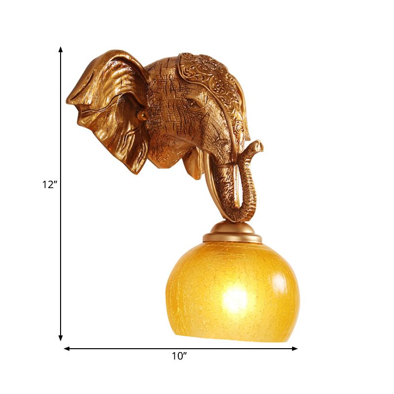 Gold 1-Bulb Wall Lighting Traditional Orb Crackle Frosted Glass Wall Sconce with Resin Elephant Backplate