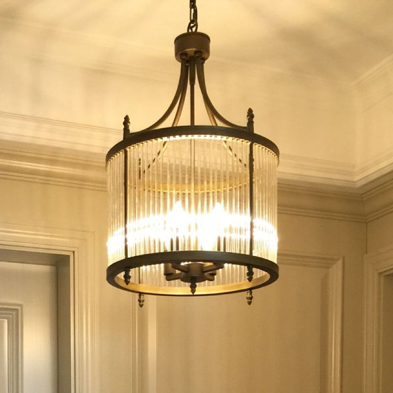 Round Mesh Corridor Chandelier Light Crystal 4 Lights Chinese Style Hanging Lamp in Black