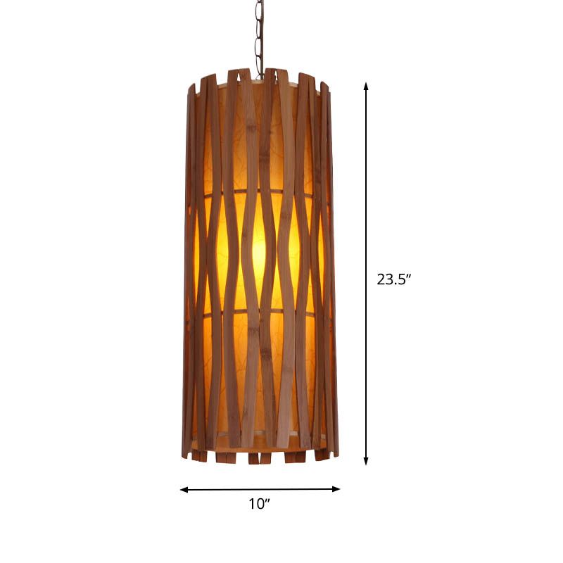 Asian Style Cylinder Ceiling Suspension Lamp Wooden Single Bulb Restaurant Hanging Light in Khaki