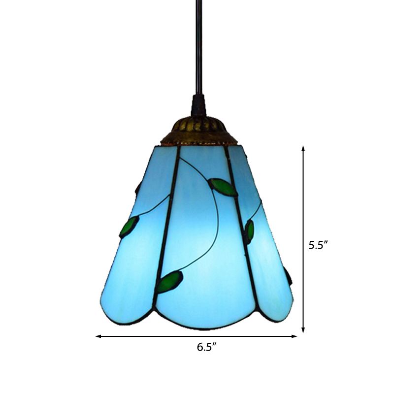 Stained Glass Conical Hanging Lamp Tiffany 1 Bulb Blue/Beige Down Mini Pendant for Living Room