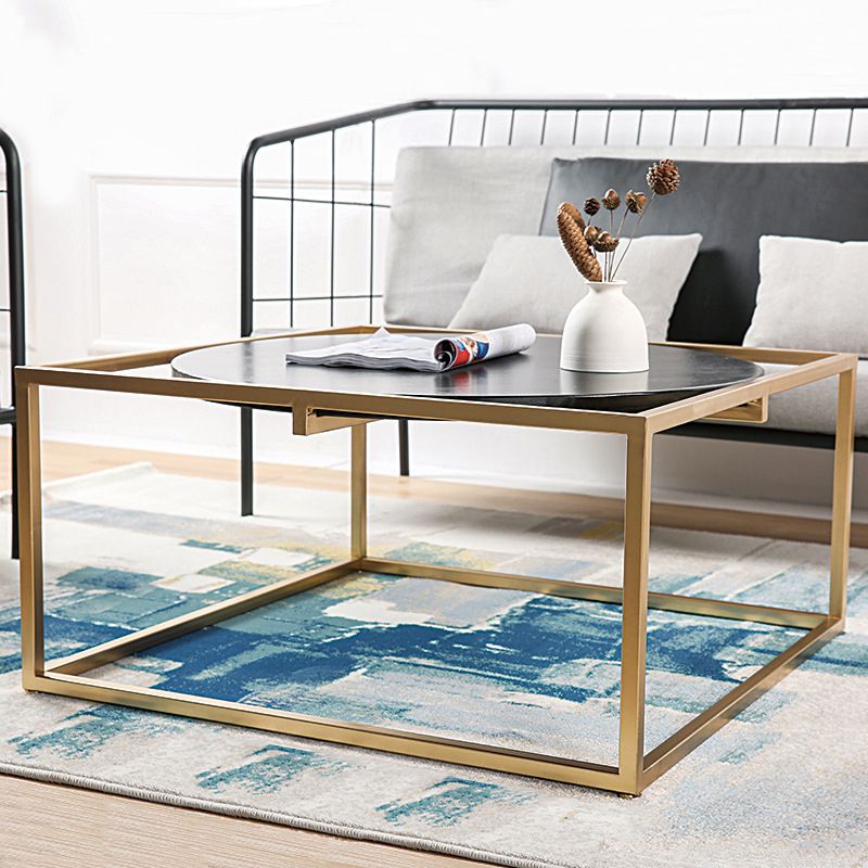 Metal Frame Base Coffee Table Round Solid Wood Cocktail Table in Black
