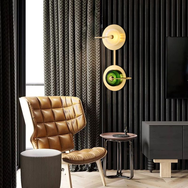 Gold Circular LED Wall Lamp in Modern Luxury Style Metal Indoor Wall Sconce with Glass Shade