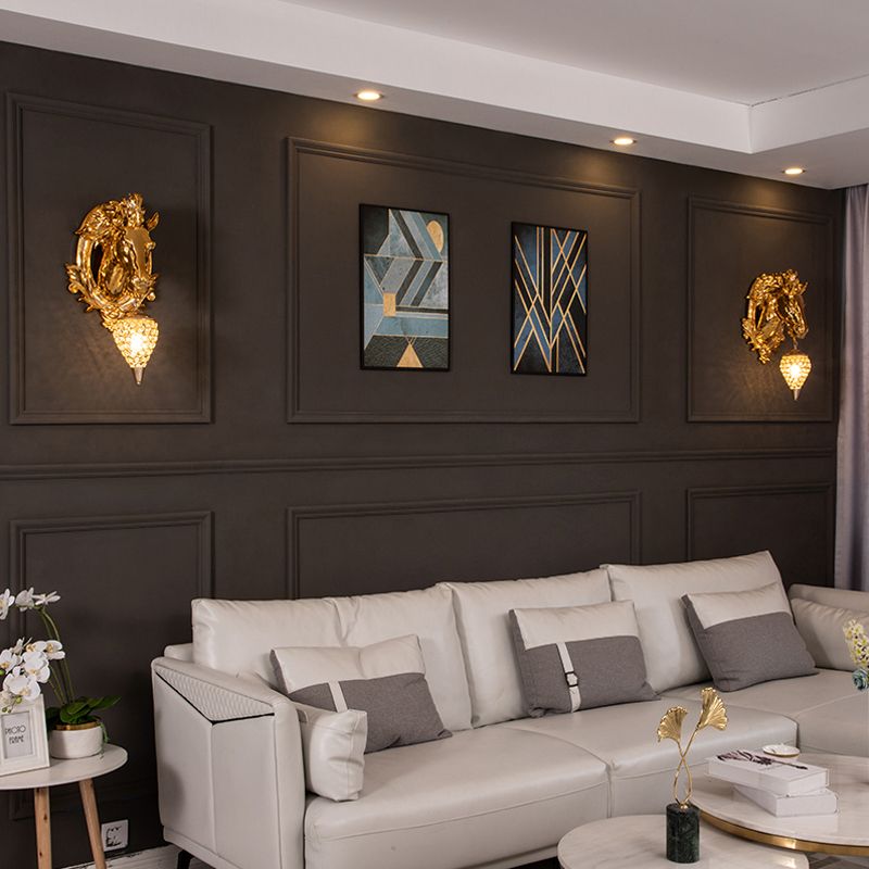 Éclairage mural de résine de forme de cheval traditionnel 9,5 "/ 12" W 1 lampe d'applications murales dorée de tête avec une teinte en pharmacie en cristal clair