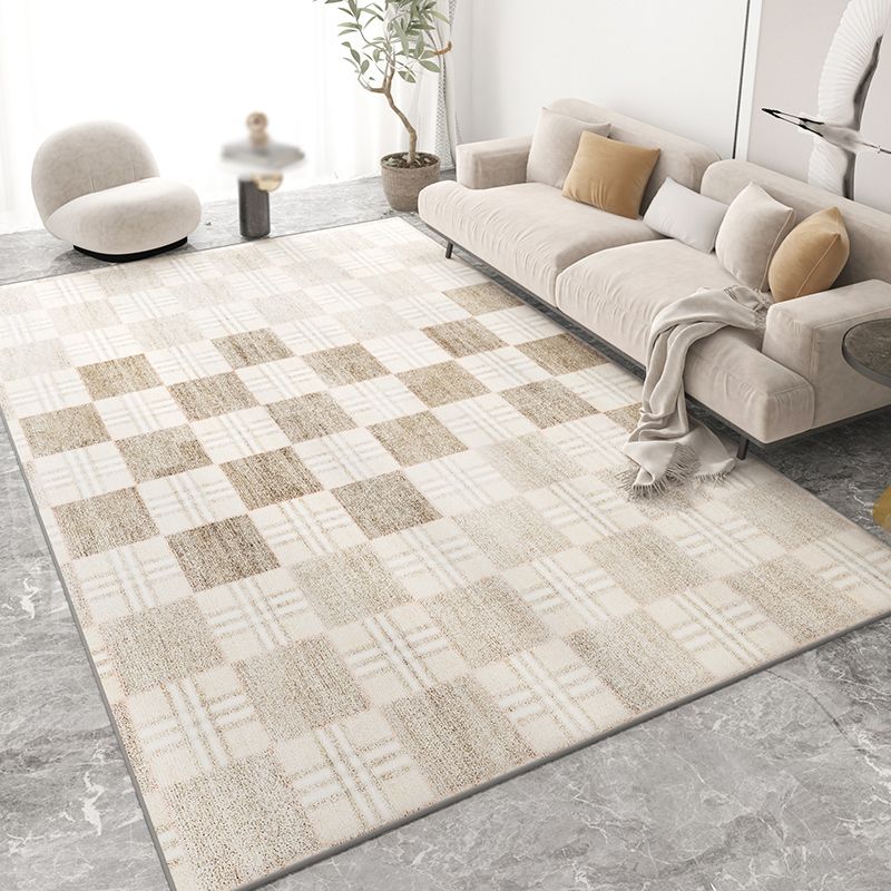Beige Living Room Area Rug Geometric Pattern Modern Area Carpet Polyester Non-Slip Backing Rug