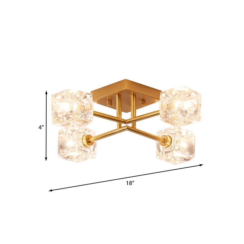Crystal transparent carré contemporain Crystal clair Crystal 4/6 Éclairage de plafond de chambre à coucher en laiton