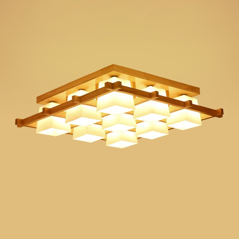 Log Color Geometric Ceiling Light in Modern Concise Style Wooden Indoor Flush Mount with Glass Shade