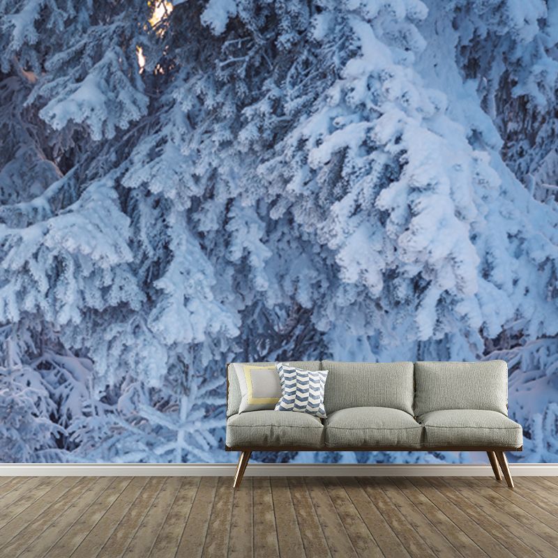 White Modern Mural Wallpaper Big Bottom Part of Snowy Cypress Wall Decor for Home