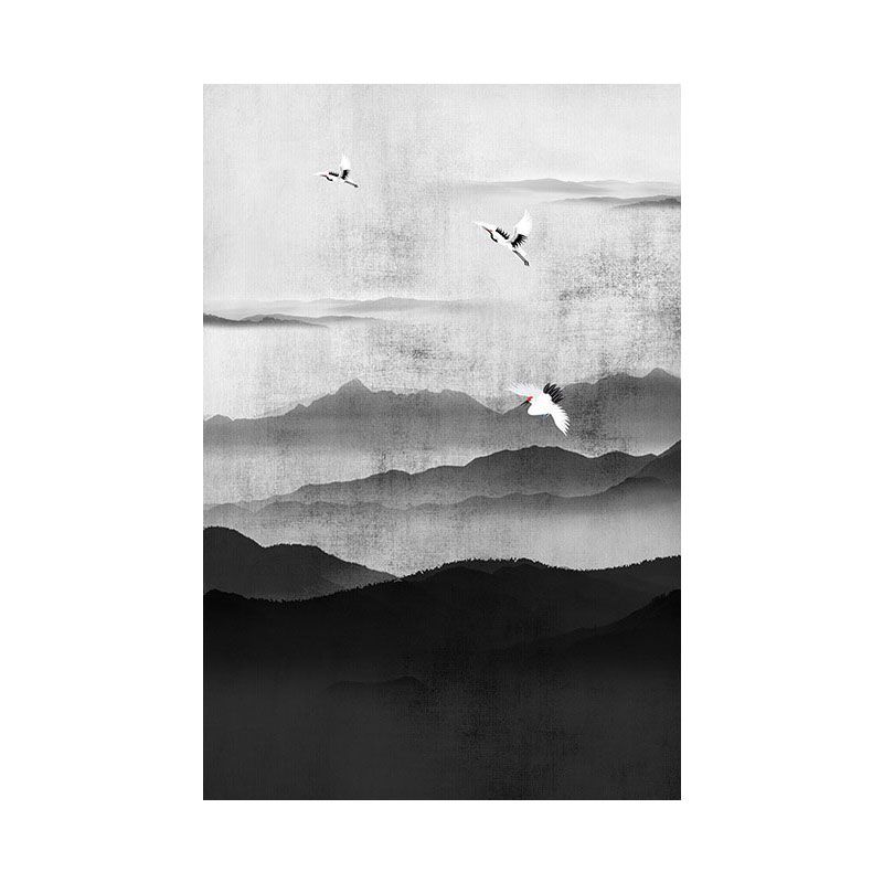 Cloudy Mountain View Canvas Art Asian Textured Wall Decor in Black for Sitting Room