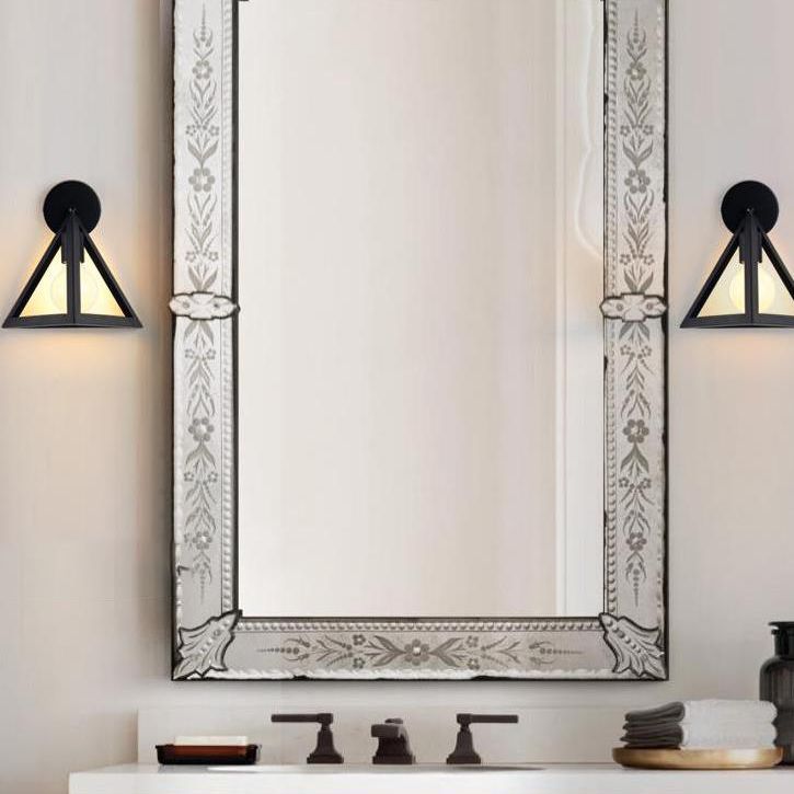 Metal Caged Wall Light Fixture with Triangle Shade Loft Style 1 Light Bedroom Wall Lamp in Black