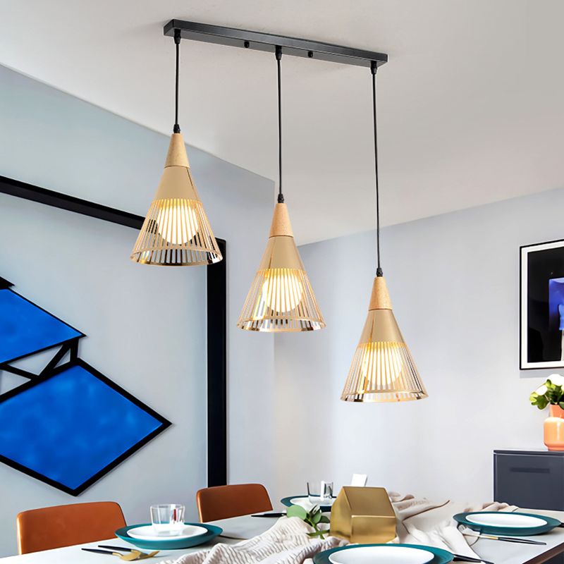 Noordse moderne stijl taps toelopende houten bovenste hanglamp metalen draadkooi woonkamer hangende lamp