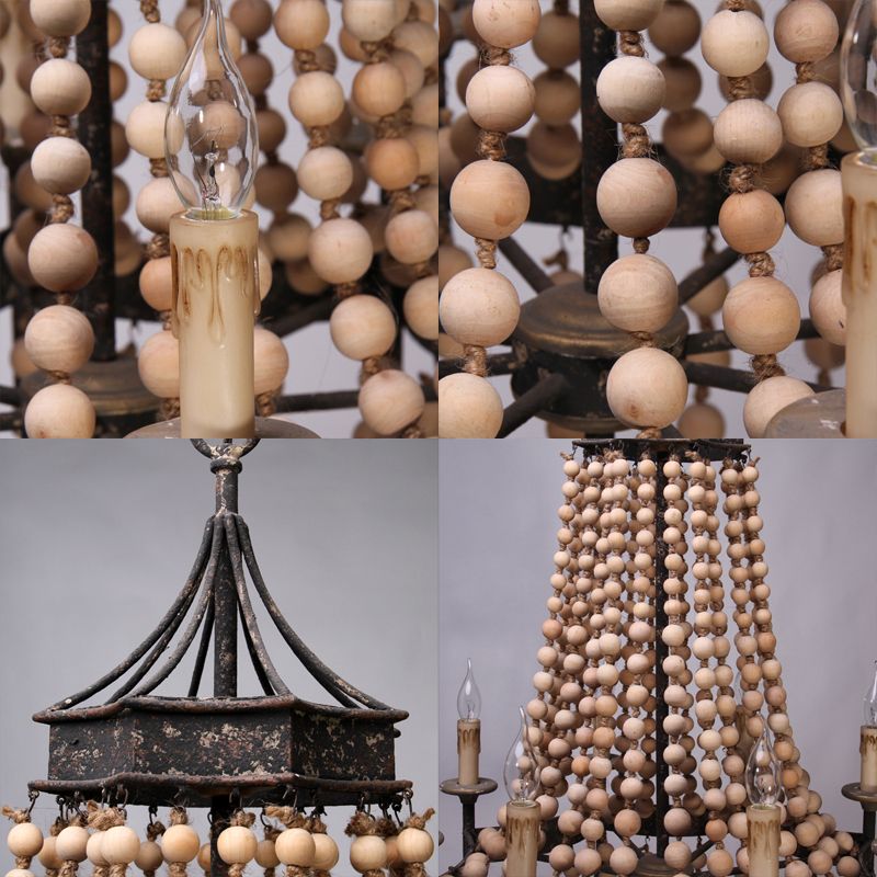 8 Heads Candle Ceiling Chandelier Traditional Wood Suspended Lighting Fixture in Beige