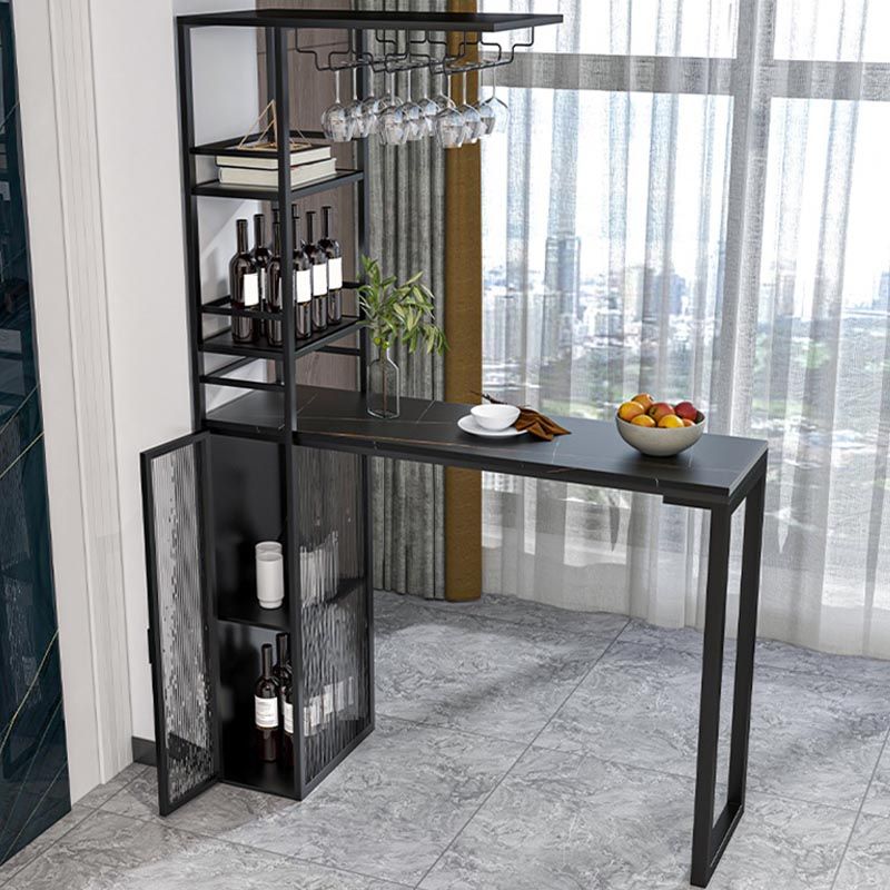 Glam Pub Table with Wine Storage Rectangle Stone Top Bar Table with Metal Frame