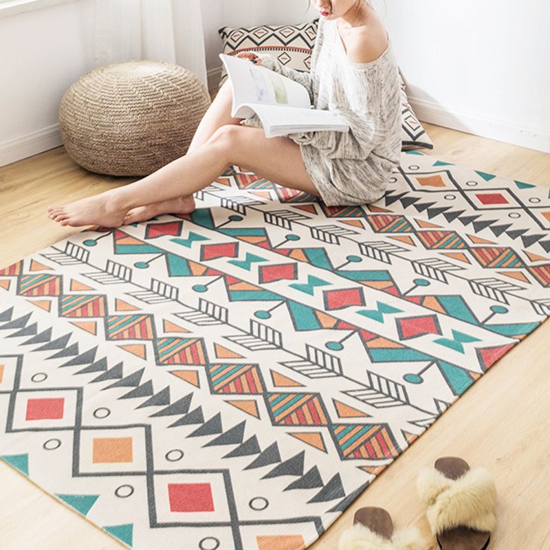 Multi Color Geo Pattern Rug Cotton Blend Vintage Carpet Pet Friendly Easy Care Rug for Living Room