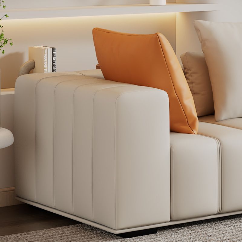 Genuine Leather Scandinavian Sofa Tuxedo Arm Sectional with Bolster Pillows