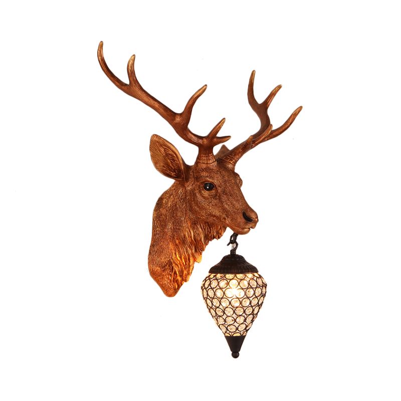 Teardrop Beveled Crystal Wall Lighting Country 15"/20.5"/24.5" Wide 1 Head Bedroom Sconce Lamp with Deer Head in White/Yellow/Gold