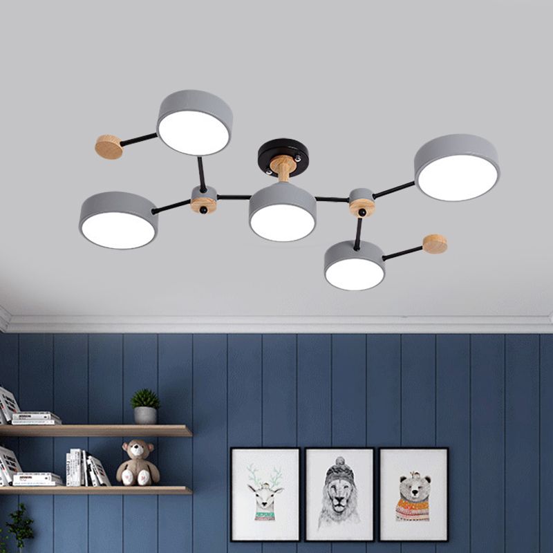 White/Grey Round Shade Ceiling Lamp Nordic 5 Bulbs Iron Semi Flush Mount Fixture with Vine Design