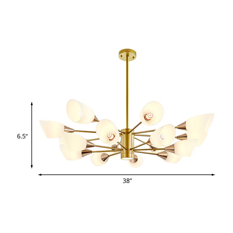 Post Modern 16-Bulb Chandelier with White Frosted Glass Shade Gold Floral Hanging Ceiling Lamp