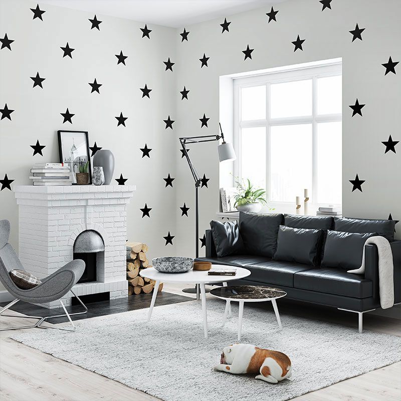 Minimalist Star Wall Covering in Black and White Children's Bedroom Wallpaper Roll, 20.5-inch x 33-foot