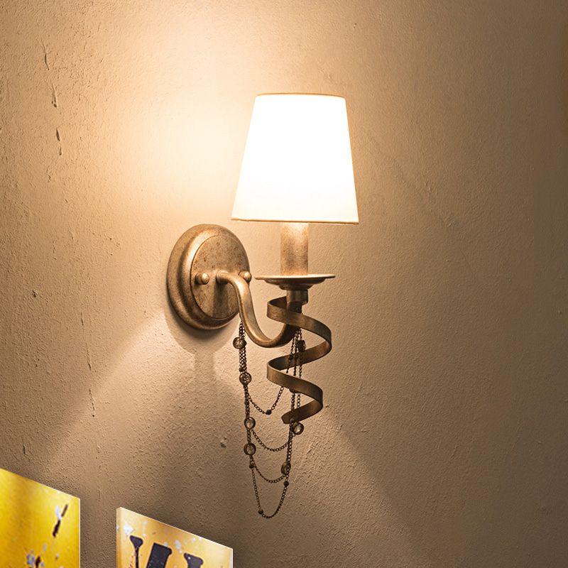 Tapered Bedroom Wall Mount Light Traditional Fabric 1 Head Wall Lighting Fixture with Crystal Draping in Nickle