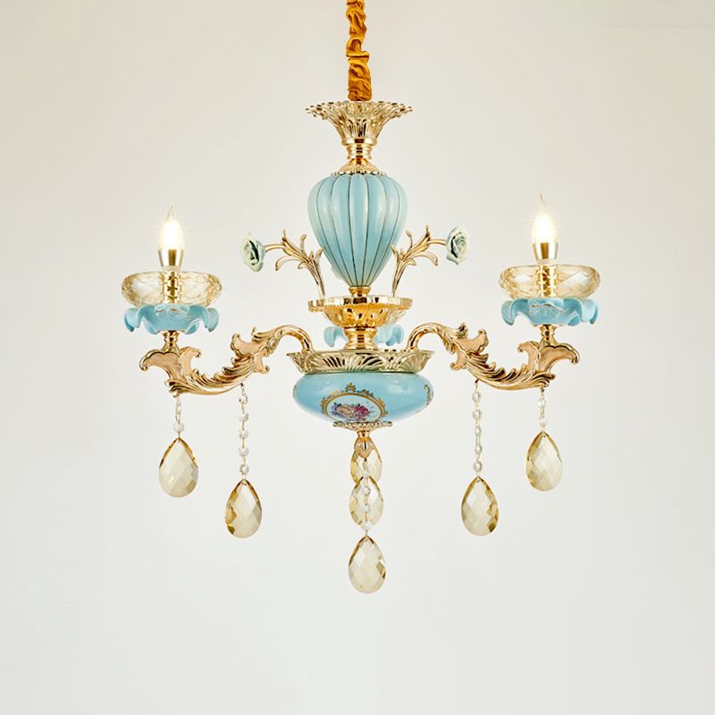 Blue Oblate Suspension Light Retro Style Faceted Crystal Living Room Chandelier Light with Draping Decor
