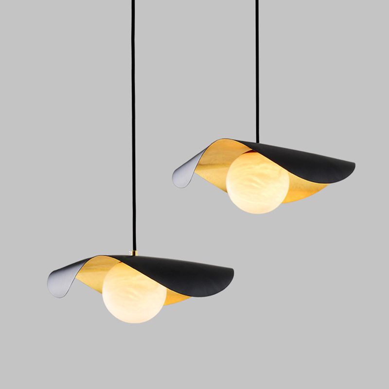 Black and Gold Inner Ruffle Pendant Postmodern 1 Bulb Faux Marble Hanging Light with Ball Glass Shade