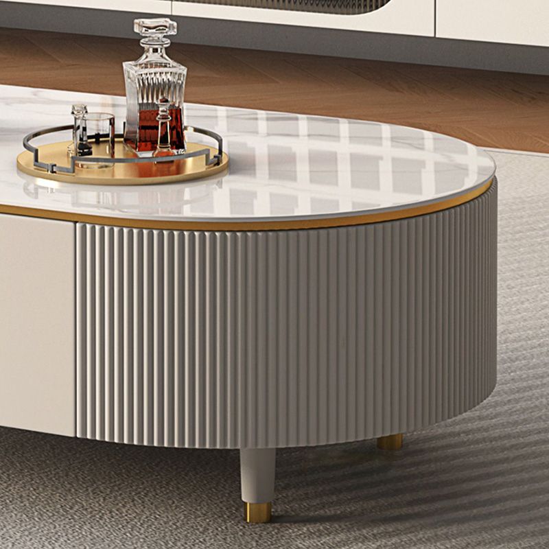 Glam Stone Oval Single White 4 Legs Coffee Table with Drawers
