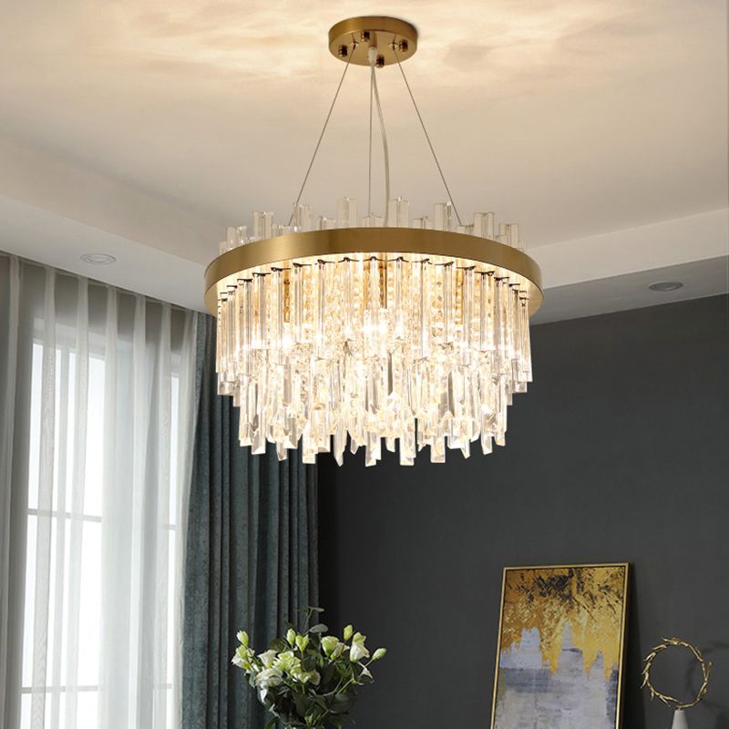 Round Chandelier Light Fixture Modern K9 Crystal Brass Suspension Lamp for Bedroom