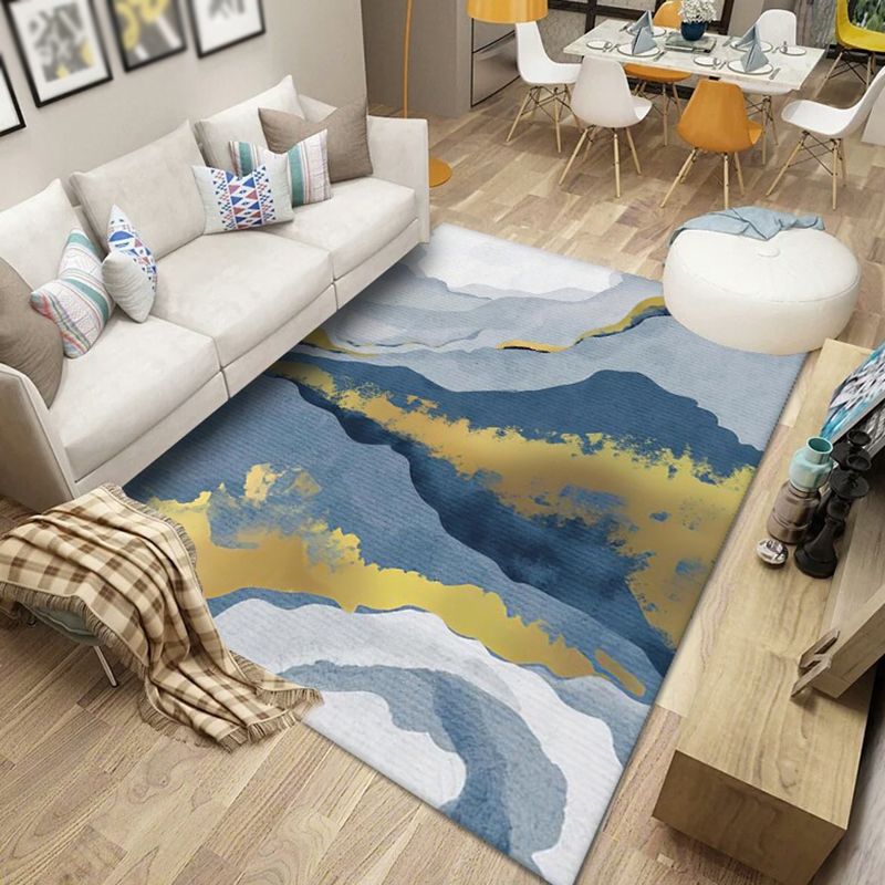 Blue Tone Modern Indoor Rug Polyester Expressionism Print Carpet Easy Care Rug for Home Decoration
