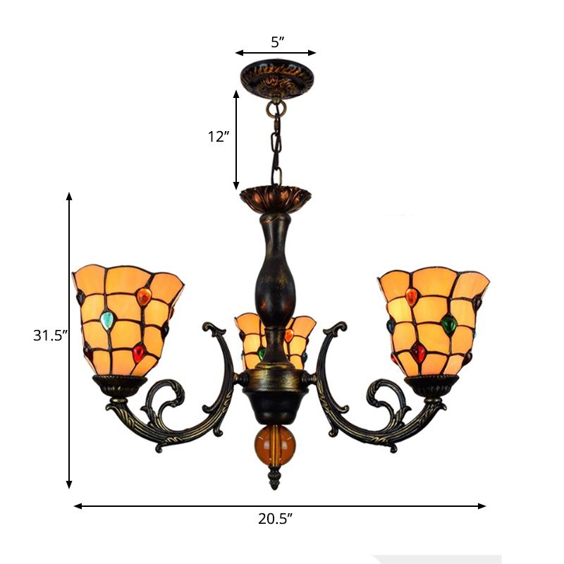 3 Heads Bell Hanging Pendant Rustic Stained Glass Chandelier Light with Jewel Pattern in Yelllow