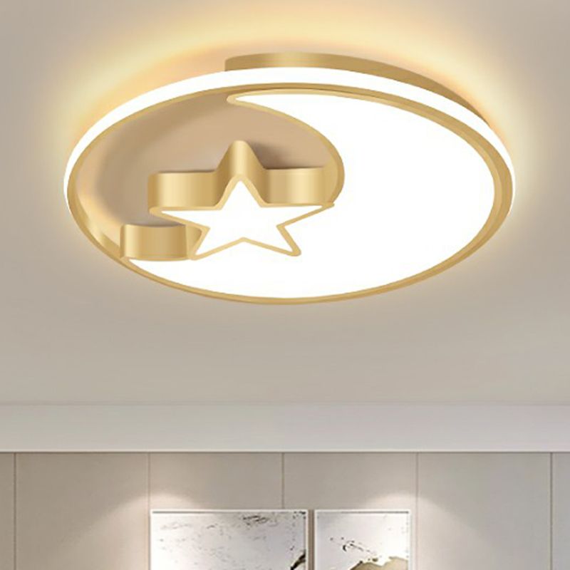 Metal Moon and Star Flushmount Light Simplicity Golden Ceiling Lamp for Childrens Bedroom