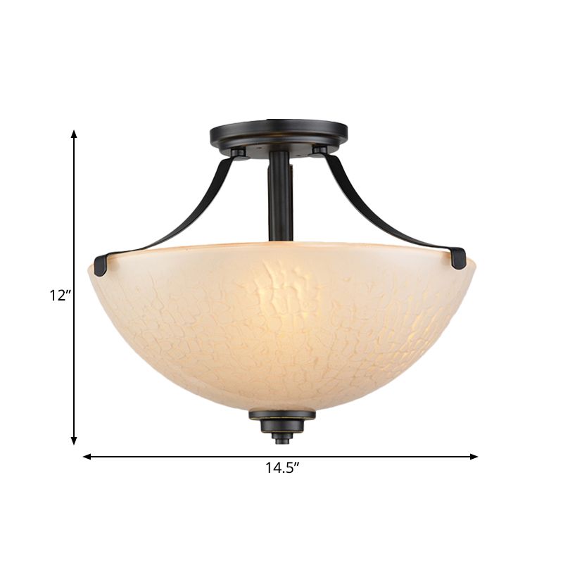 Rural Dome Semi Flush Mount 2-Head Frosted Glass Ceiling Light Fixture in Black for Kitchen