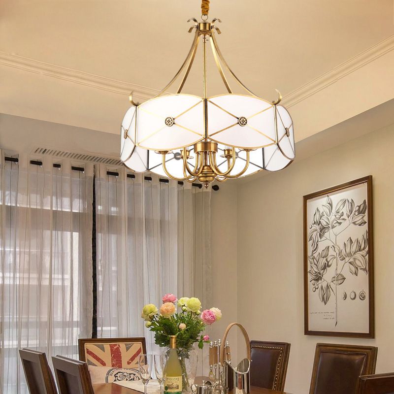 4 Lights Chandelier Pendant Light Colonial Scalloped White Glass Suspension Lamp for Dining Room
