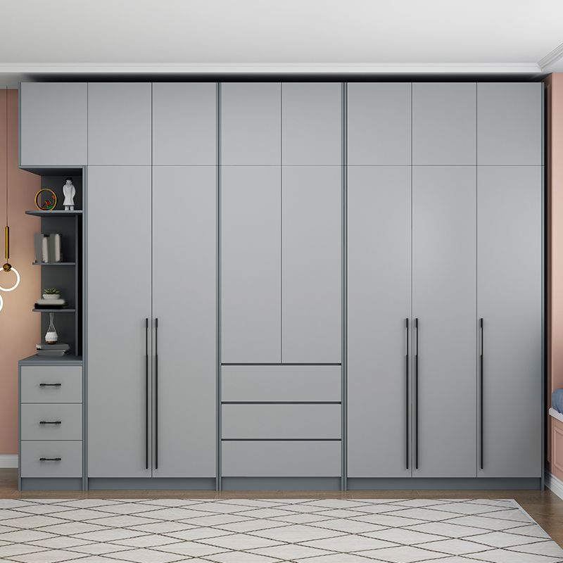 Grey Wooden Wardrobe Armoire Hinged Storage Cabinet with Soft Close Drawer