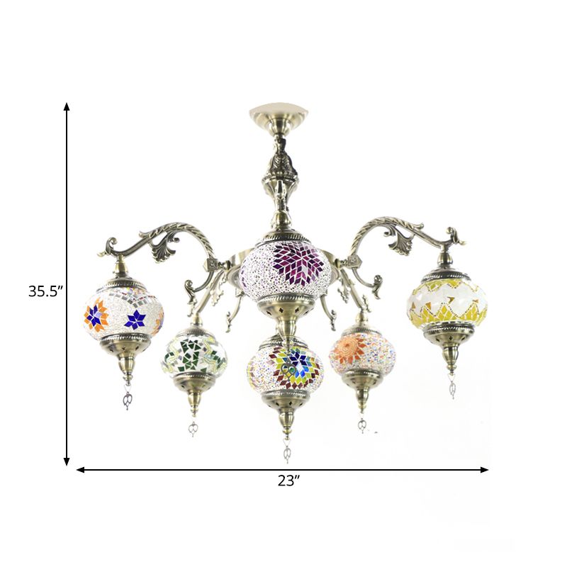 Stained Glass Bronze Hanging Chandelier Oval 6 Heads Traditional Suspension Light