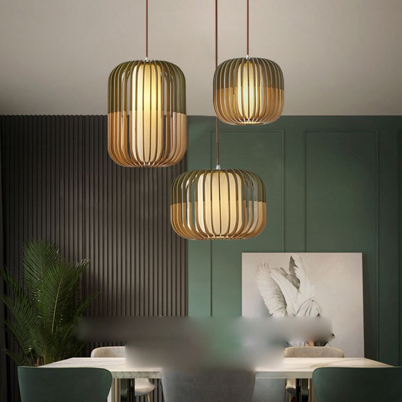 Green Color-Block Lantern Pendant Lamp Modern 1 Head Wooden Hanging Light for Dining Room