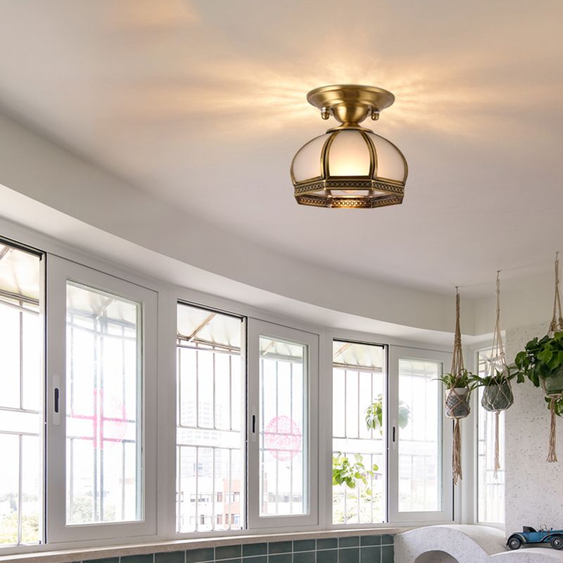 Dome Shaped Dining Room Flush Mount Lighting Classic Metallic Gold Semi Flush Mount with Opal Glass Shade