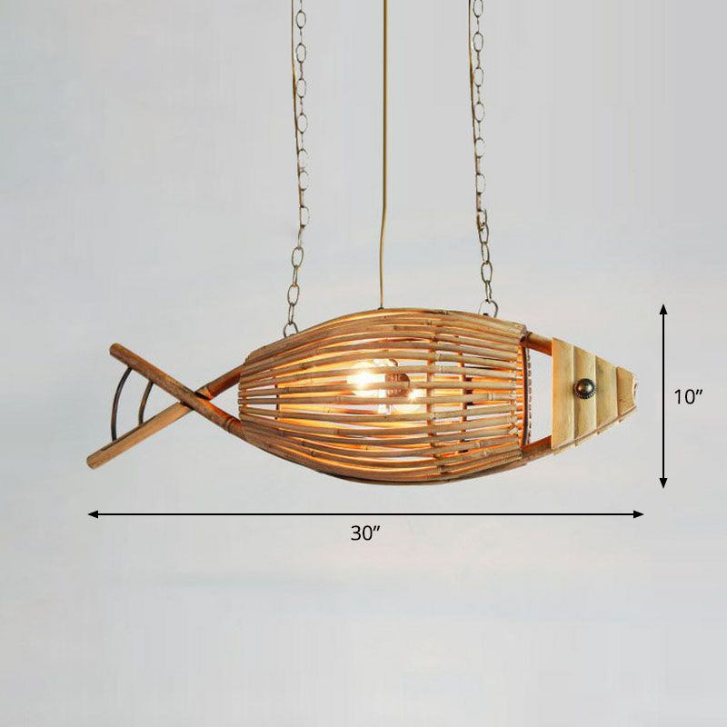 Bamboo Fish Suspension Light Asian Style Single Chandelier Light en bois pour le restaurant