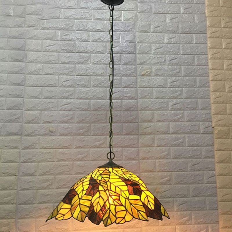 Coda de cono amarillo colgante barroco 1 bulbo de arte manchado de vidrio de vidrio Luz de techo colgante con patrón de hoja